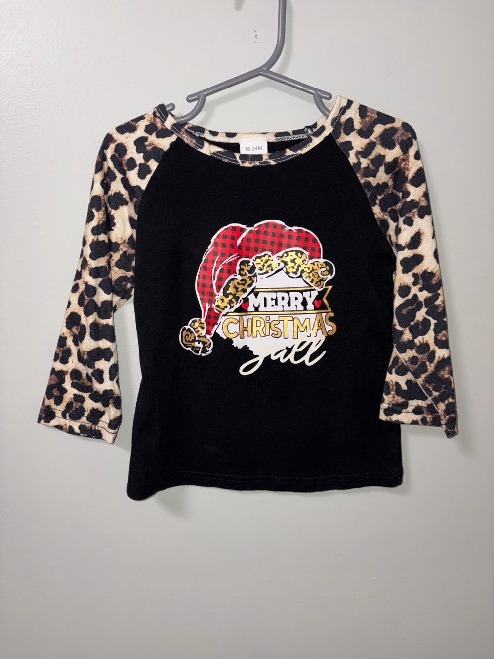 Unbranded Black Red Leopard Raglan Sleeve Santa Merry Christmas Y’all Tee 18-24M